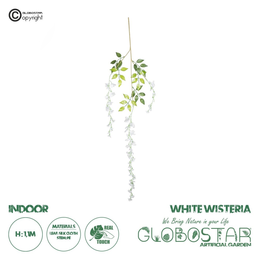 GloboStar® 09032 Τεχνητό Κρεμαστό Διακοσμητικό Φυτό Μήκους 1.1 μέτρων με 3 X Κλαδιά Βιστέρια Λευκή